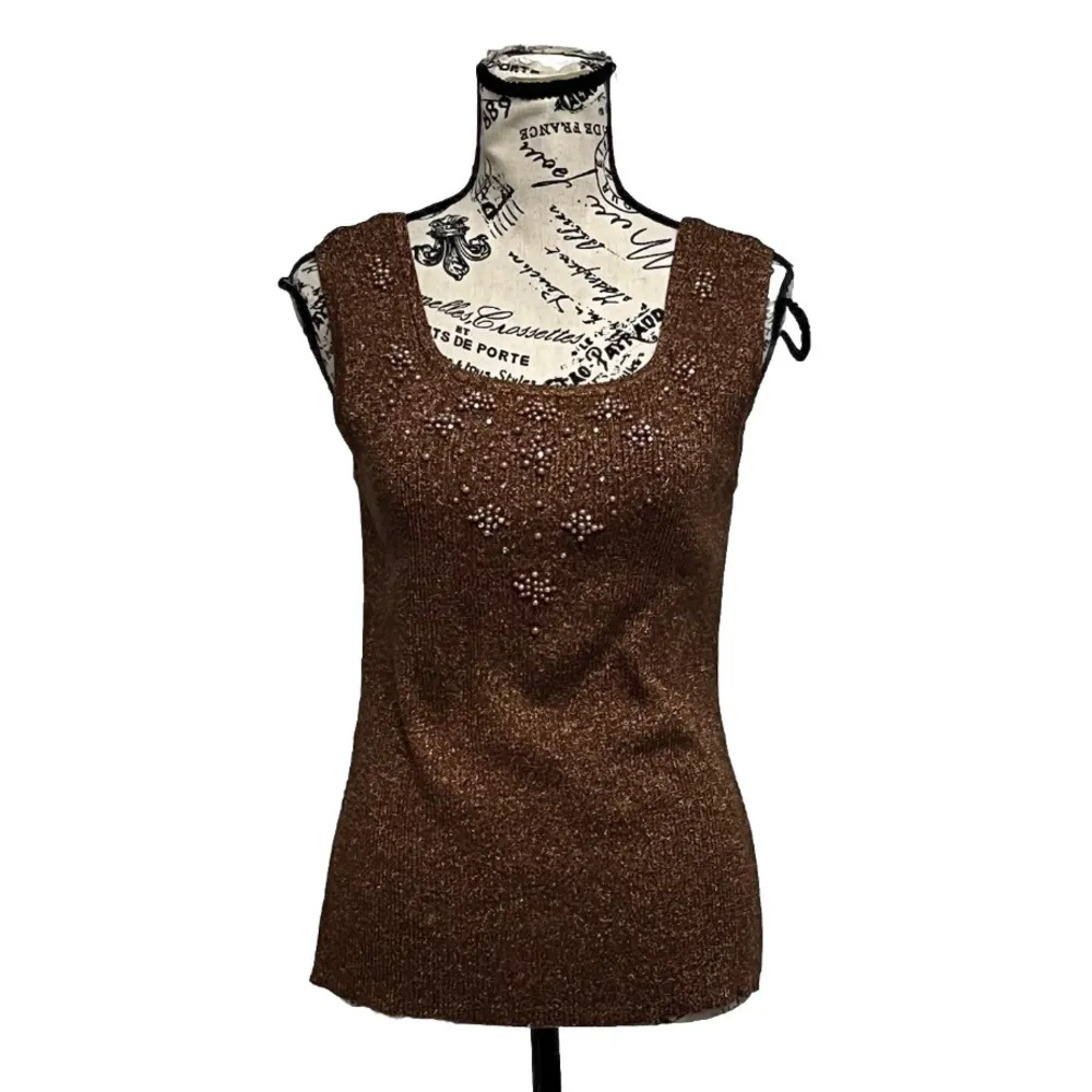 Vintage Just One Metallic Brown Gold Beaded Tank Top L | 80s Y2K Party Glam Size L - Image 2