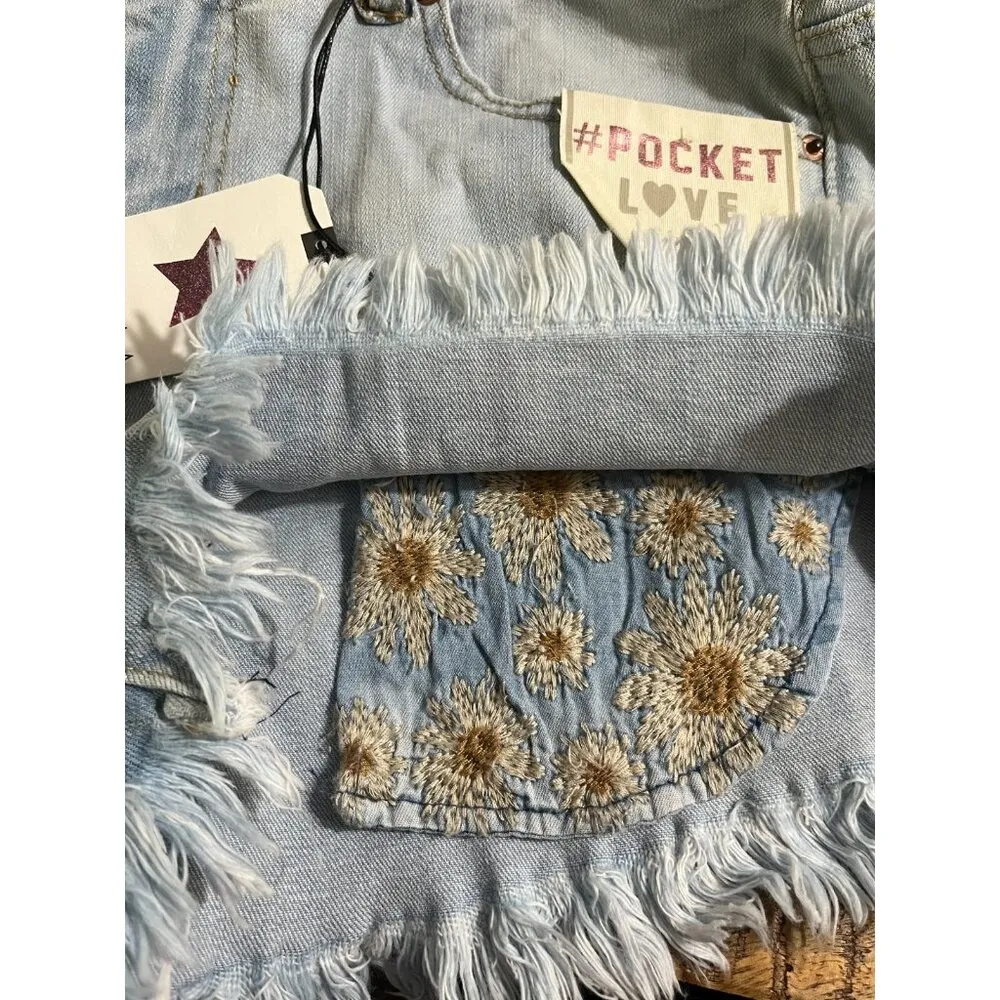 VANILLA STAR Distressed Light Blue Embroidered Pocket Hi-Low Jean Shorts 0 - Image 3