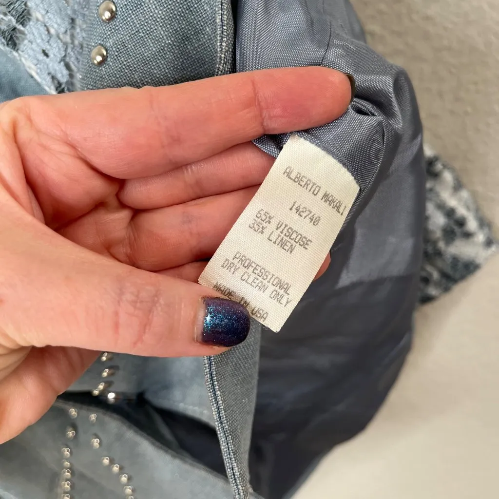 Alberto Makali Blue Studded Linen-Blend Country Western Blazer Lace Sleeves 8 - Image 11