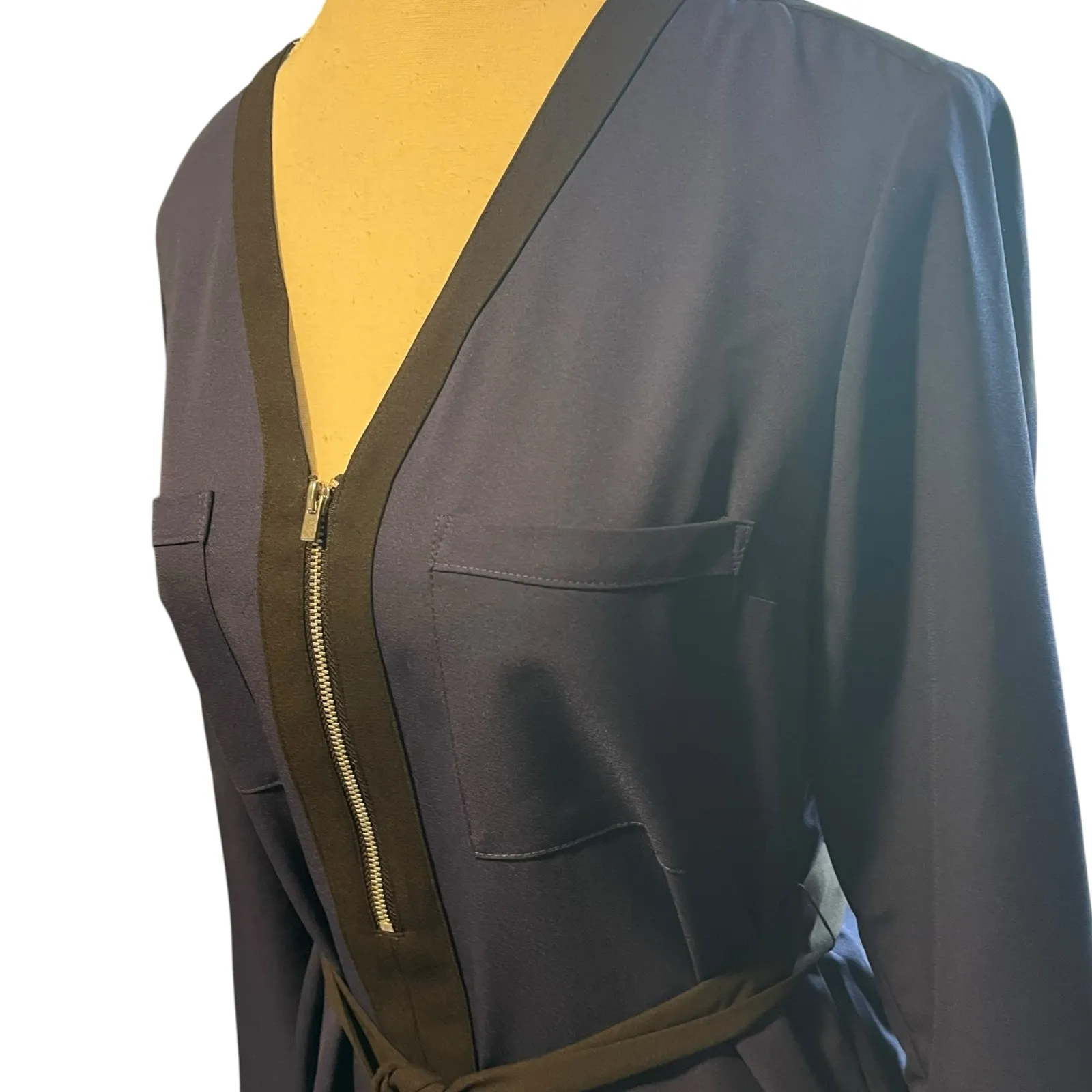 Express Sz S Roll Up Sleeve Dress Black Trim‎ Ribbon Belt Navy Business Casual - Image 2