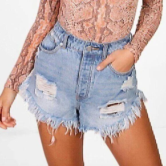 NEW NWT BOOHOO High Waisted Rise Extreme Frey Hem Denim Short Ripped PETITE 6P Blue - Image 1