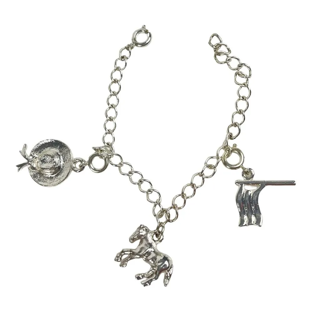 Vintage Silver Plate CHARM BRACELET 6" Horse American Flag Derby Hat Charms - Image 3