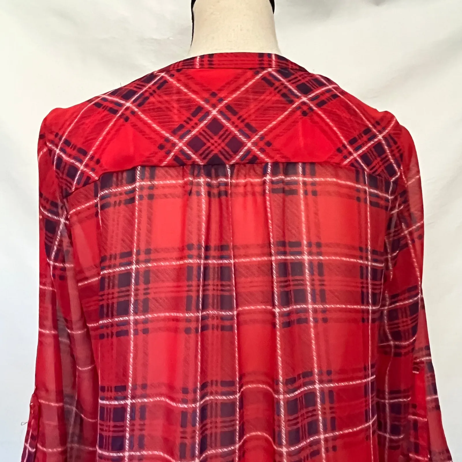 Skies are Blue Plaid Womens Top XS Boho Festival Chiffon Roll Tab Peasant Red - Image 8