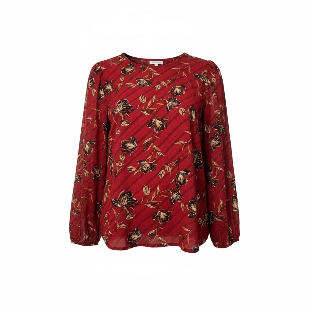 Red Floral Print Blouse Long Sleeve Boho Chic Fall Top - Image 2