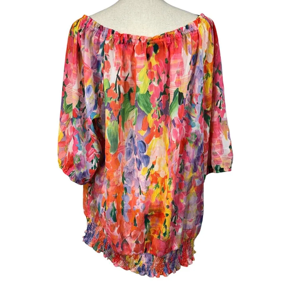 Lane Bryant SZ 18/20 Top Floral Semi-Sheer Boat Neck 3/4 Balloon Sleeves Smocked - Image 6