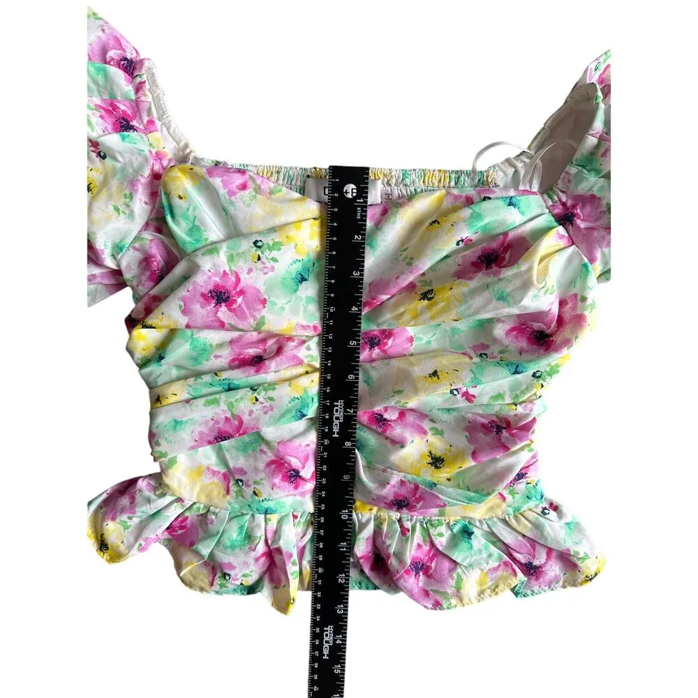 Do + Be Floral Ruffle Puff Sleeve Cropped Peplum Top Womens size Small Pink - Image 4