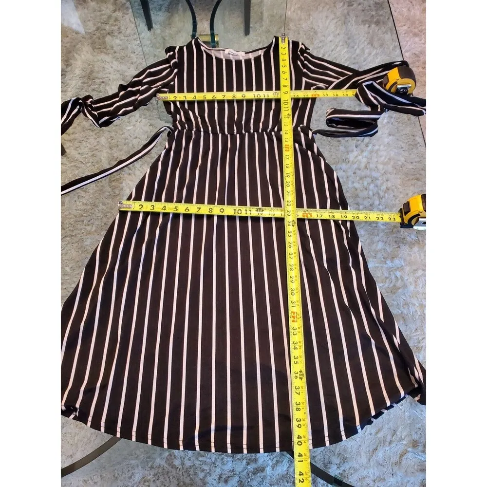 Levaca Womens Black Striped Polyester Round Neck Long Sleeve Knee Length Dress S - Image 12