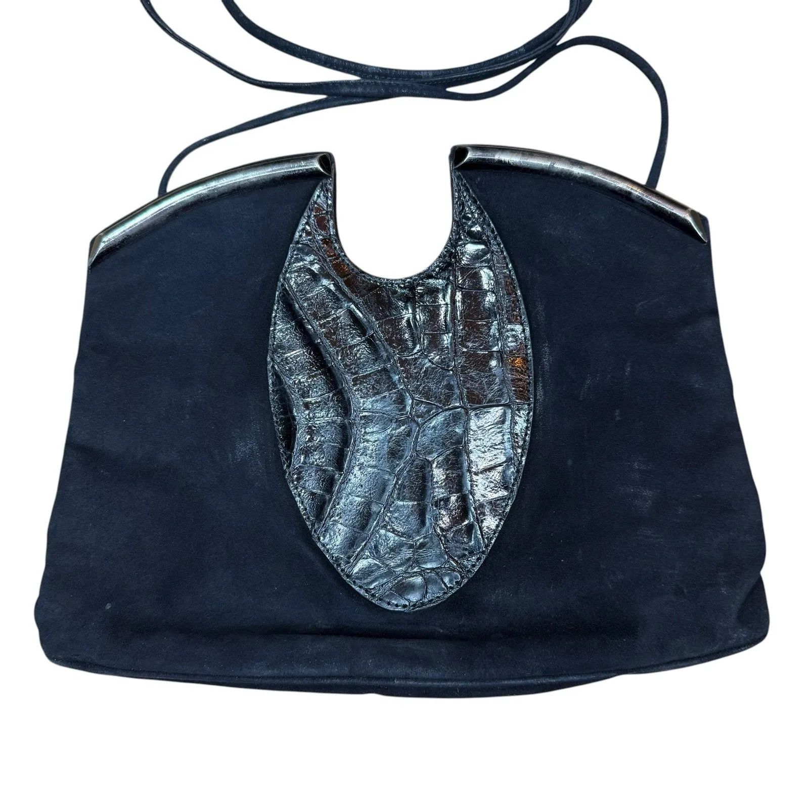 Vintage 1980's Sidonie Larizzi Paris Suede Croc Embossed Avant Garde Bag‎ RARE Black - Image 4