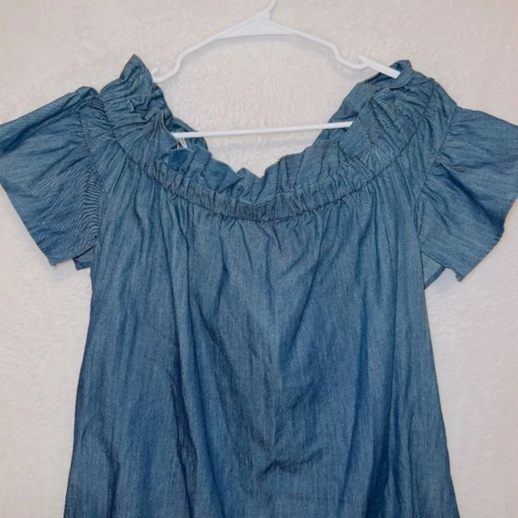 Anthropologie Corey Lynn Calter Women's Small Chambray Off Shoulder Ruffle Dress Blue - Image 6