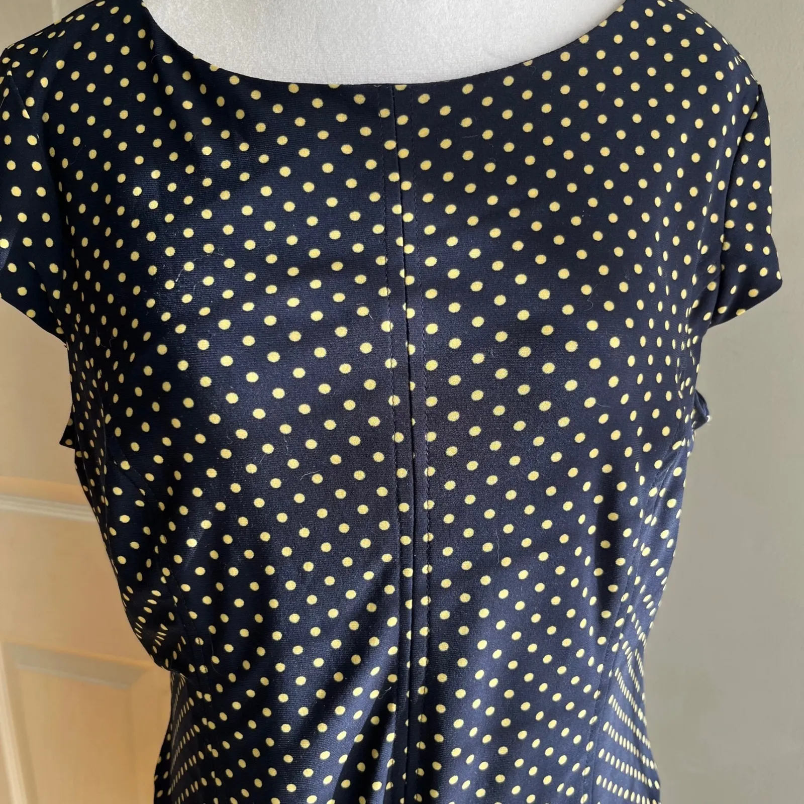 Navy Blue and Gold Polka Dot Midi Dress Classic Career Party Size 12 - Image 3