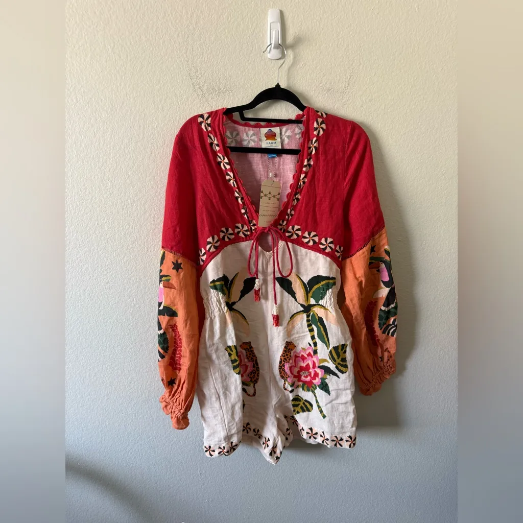 NWT Farm Rio Long-Sleeve Romper Floral Anthropologie Size M Resort Vacation - Image 2