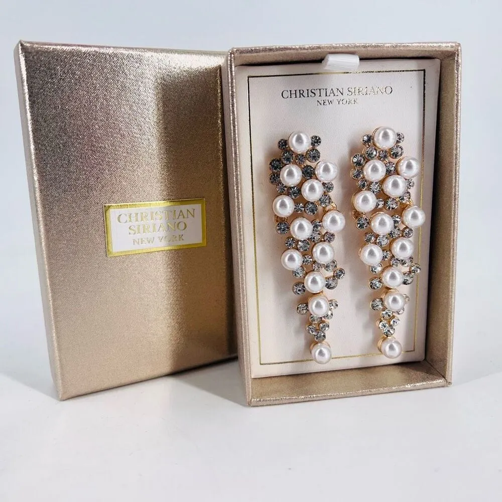NIB Christian Siriano Faux Pearl Rhinestone Earrings Prom Wedding Statement‎ Gold - Image 5