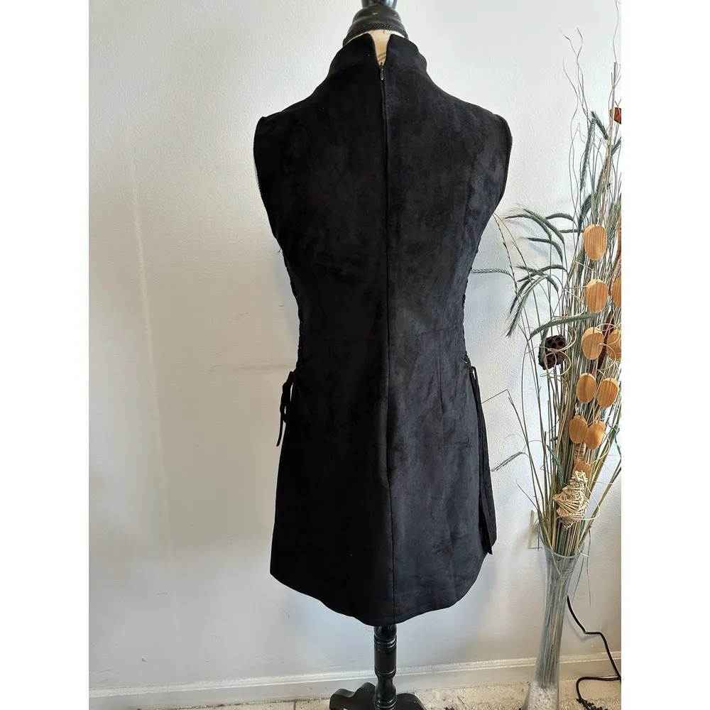 Miss Me Black Laced Up Faux Suede Crew Neck Sleeveless Shift Dress Large Women's - Image 3