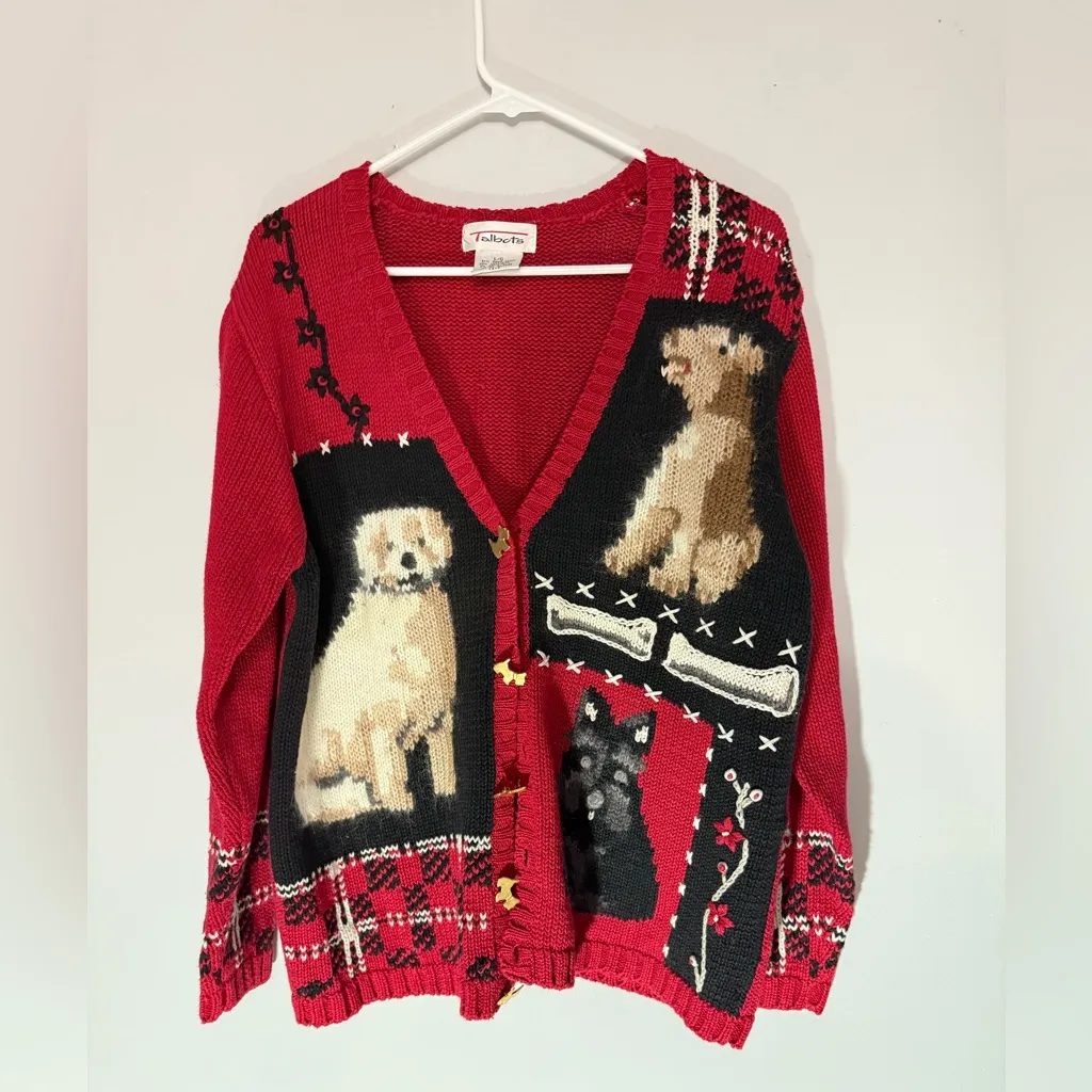 VTG Talbots Doggie Sweater Cardigan Cottage Core Patch Work Red Black Size L - Image 2