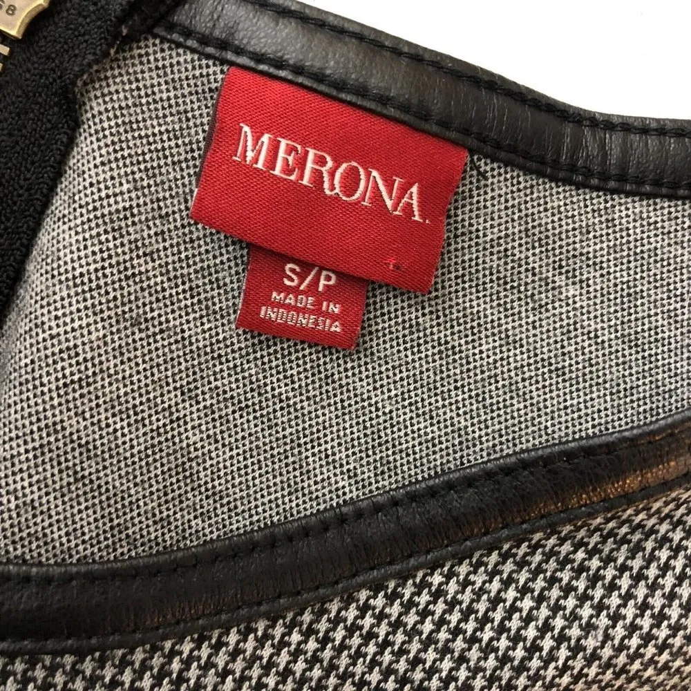Merona Womens Top Pleated Faux Leather Trim Houndstooth Black White Size S - Image 3