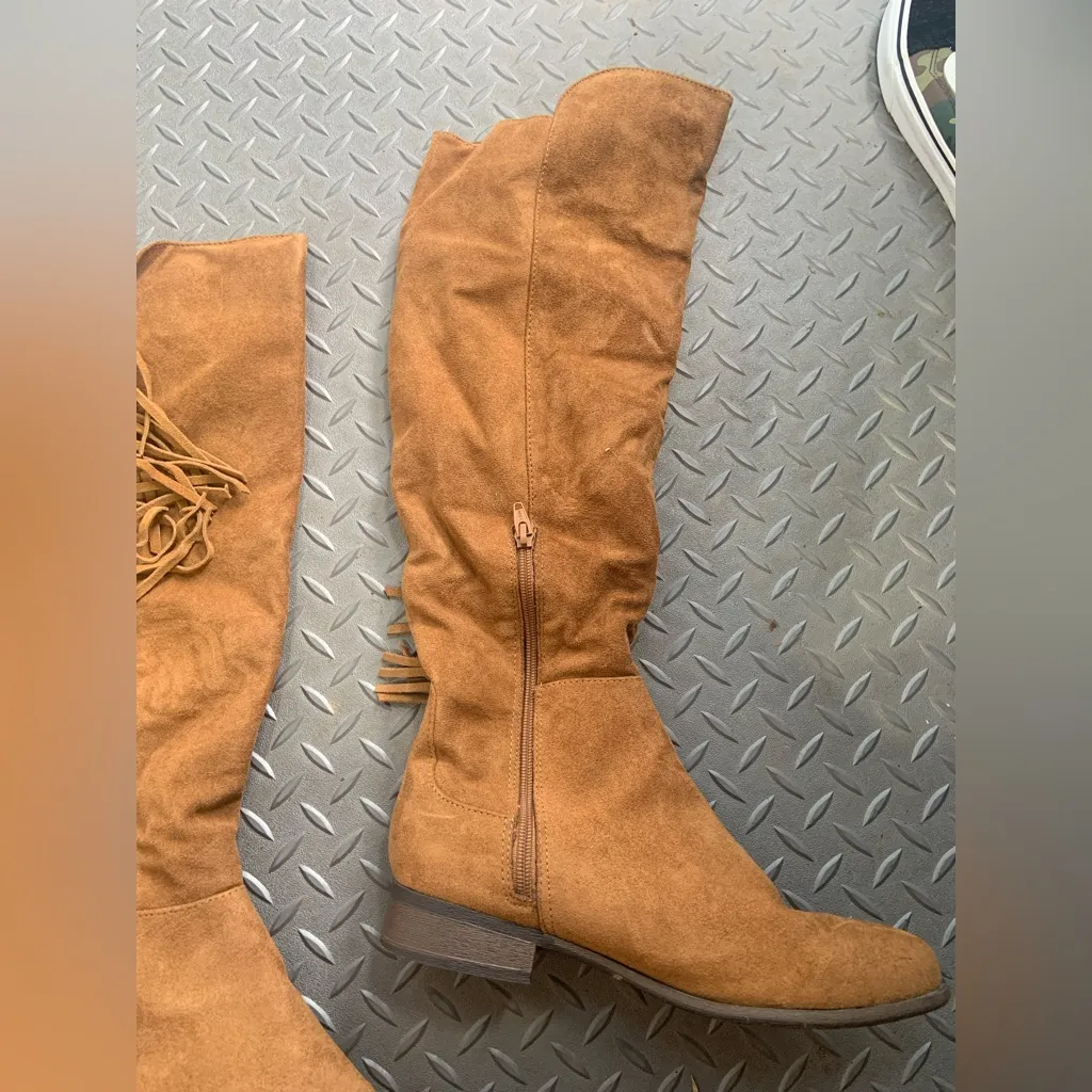 Tan Suede Knee High Fringe Boots mossimo casual classic fall 8 $60 boho - Image 2