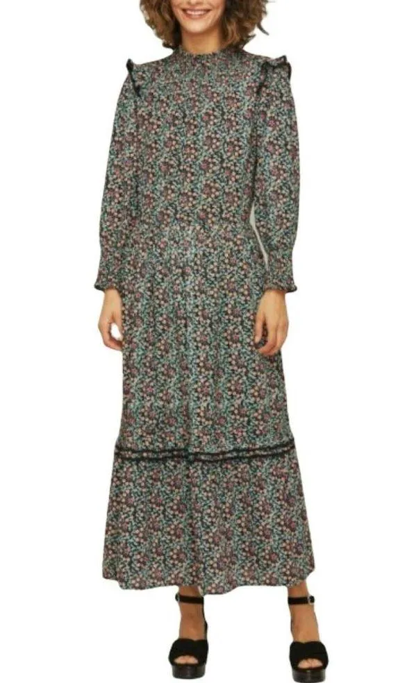 ROLLER RABBIT Maxi Dress Etoiles Delfia Black Starry Print Shift Long Sleeves S - Image 3