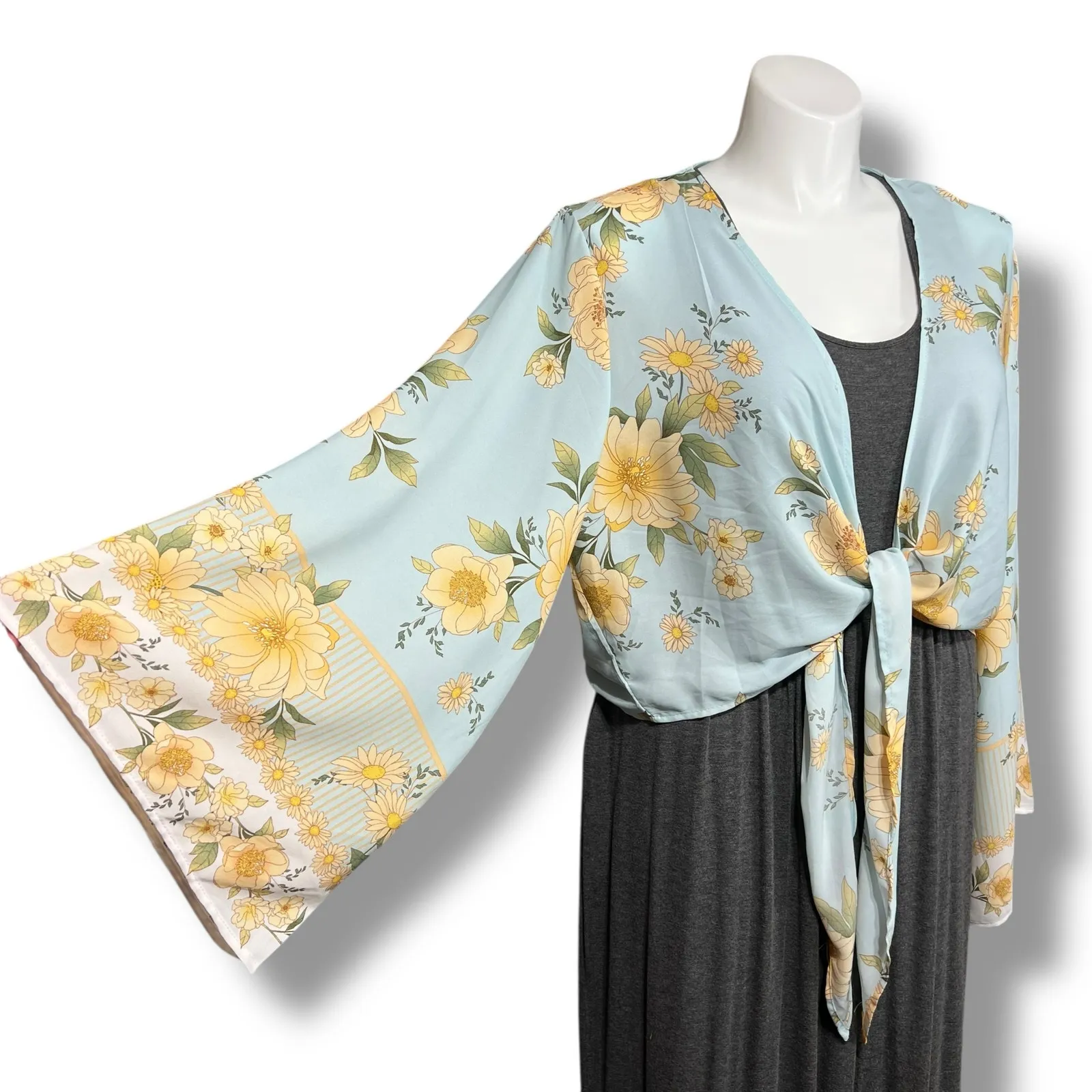 Rue+ Womens Bolero Shrug Crop Tie Front Kimono Sleeve Floral Yellow Blue 3X - Image 2