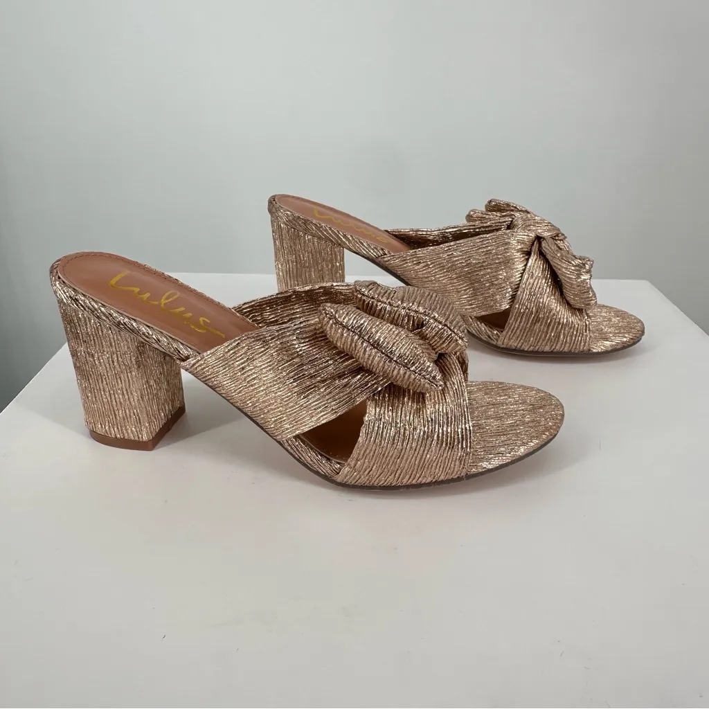 Lulus Dorothea Rose Gold Knotted High Heel Sandals size 8 New in Box Metallic - Image 3