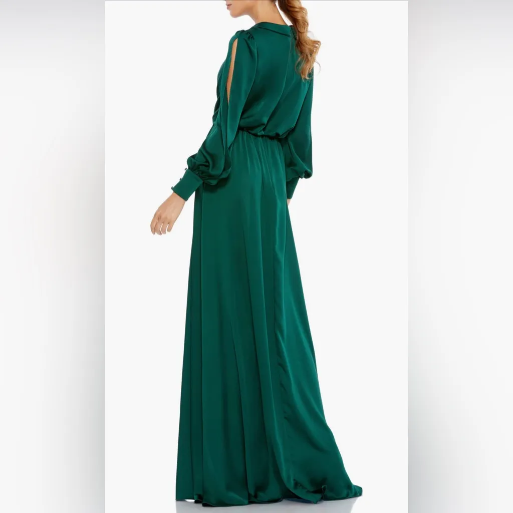 Ieena for Mac Duggal Split Sleeve Faux Wrap Gown Deep Emerald Size 10 49146 NWT - Image 2