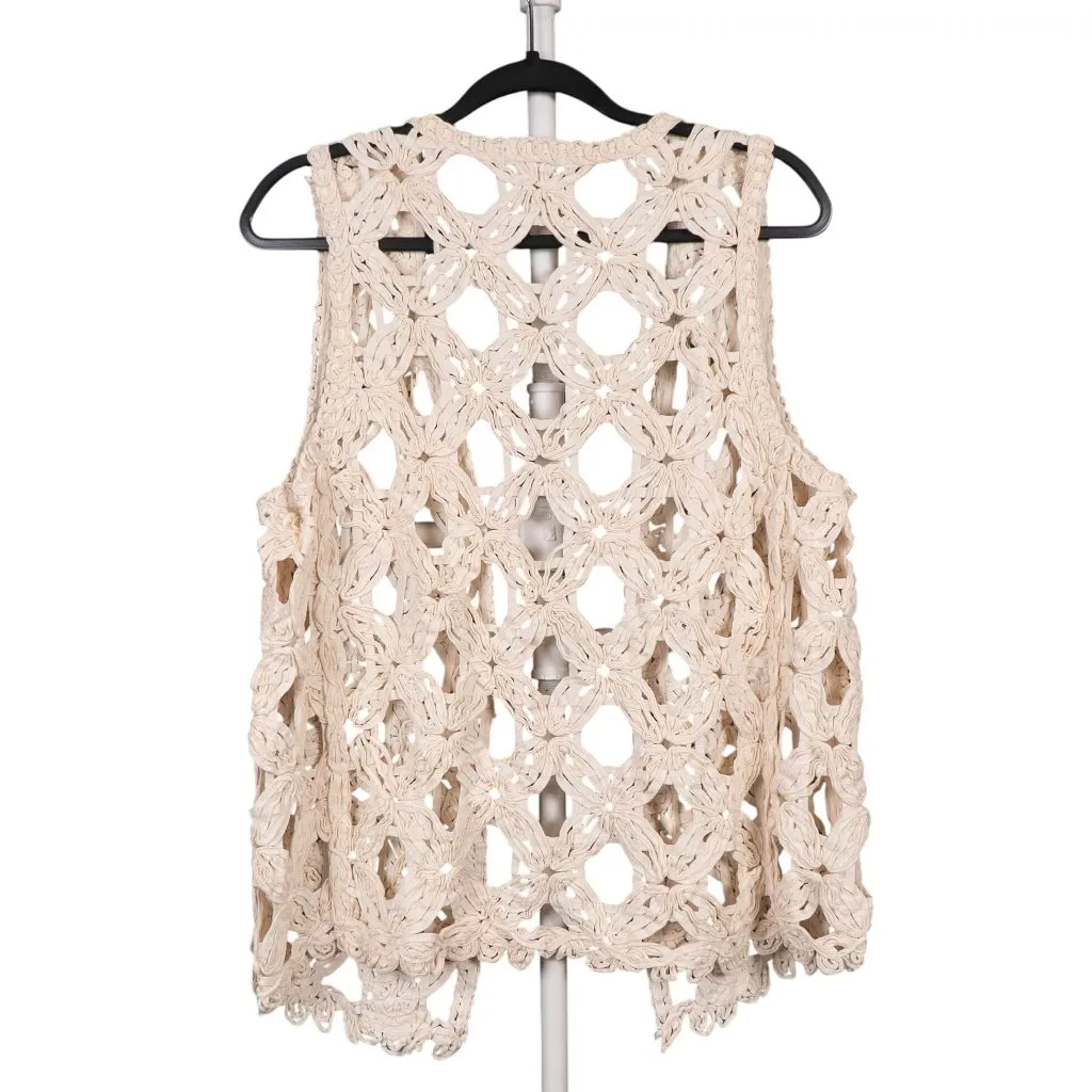 Cato Crochet Boho Vest L Womens Beige Open Cotton Hippie Indie Earthy Peasant - Image 5