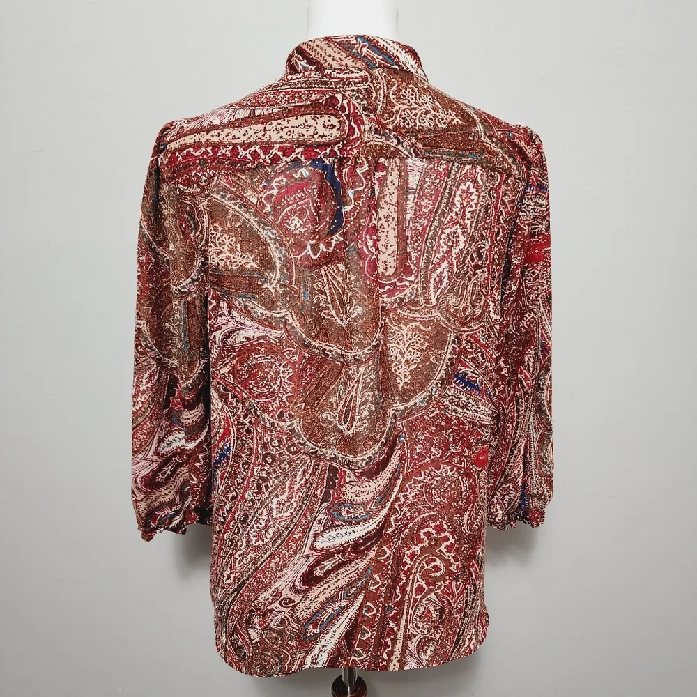 Chaps Rust Paisley Ruffle Tie Neck Blouse Size Medium - Image 4