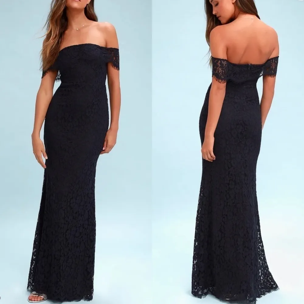 Lulus‎ Romantic Heart Lace Off-the-Shoulder Maxi Dress in Navy Blue Size Medium - Image 2