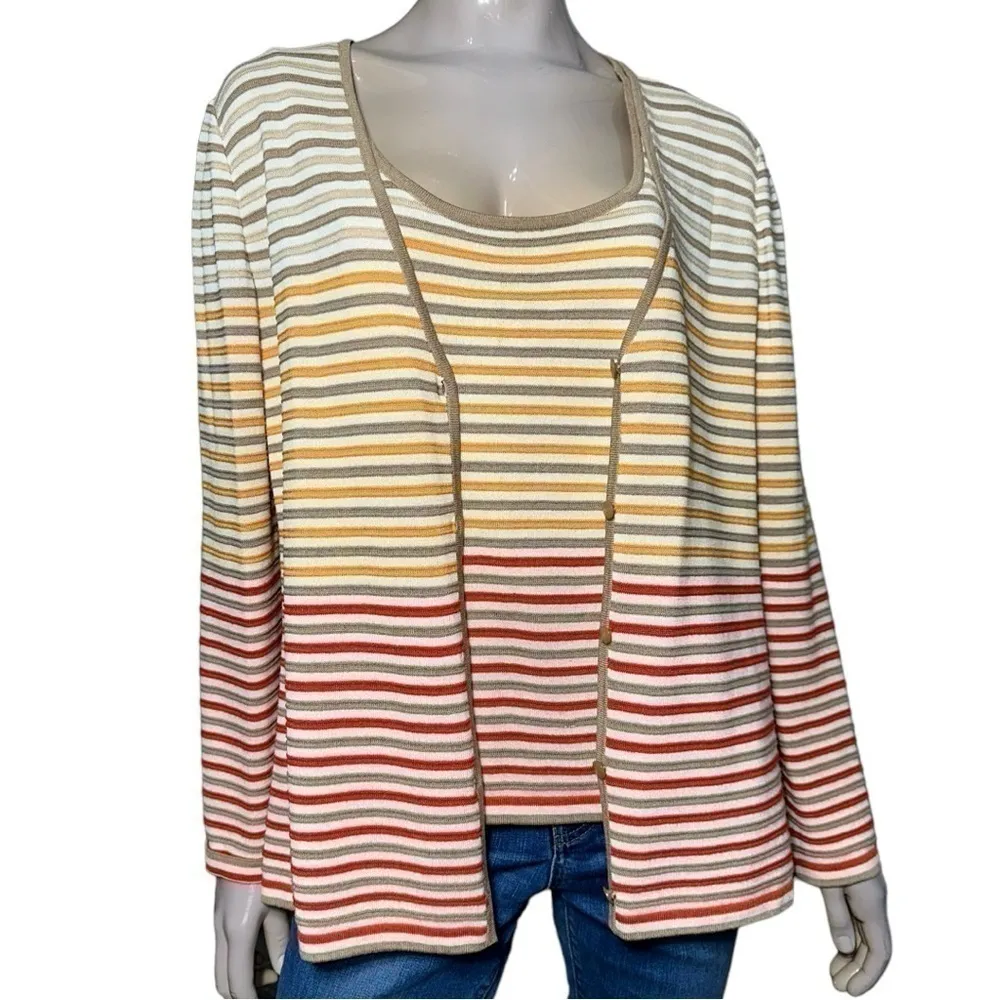 St. John Size L Cream Orange Red Tan Striped Sweater Knit Sleeveless Tank Top - Image 6