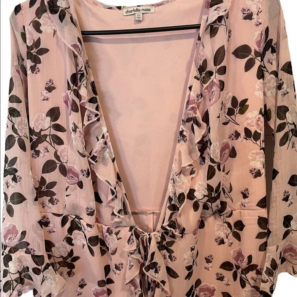 Charlotte Russe Pink Floral Boho Cottagecore Knee Length Tie Kimono Ruffle Top - Image 2