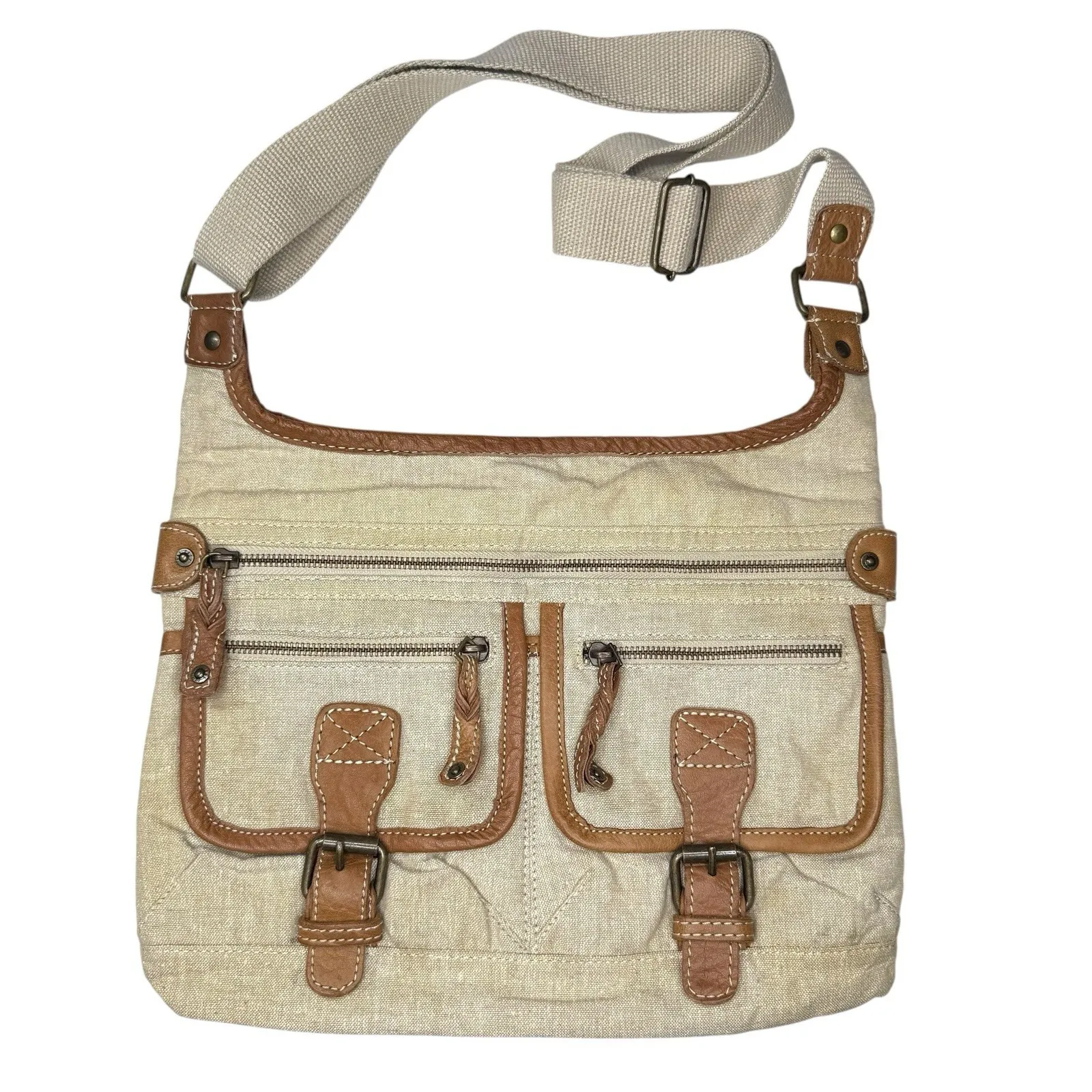 Fat Face Y2K Canvas‎ Leather Crossbody Messenger Bag Utility Pockets Rare Unused Tan - Image 3