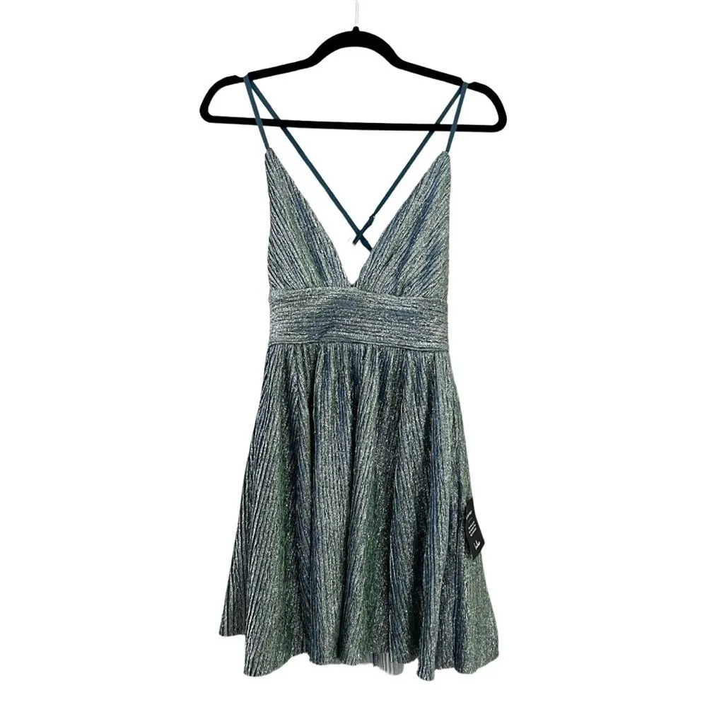 NWT LULUS Stop the Show Blue Glitter Skater Mini Criss Cross Evening Dress Sz XS - Image 3