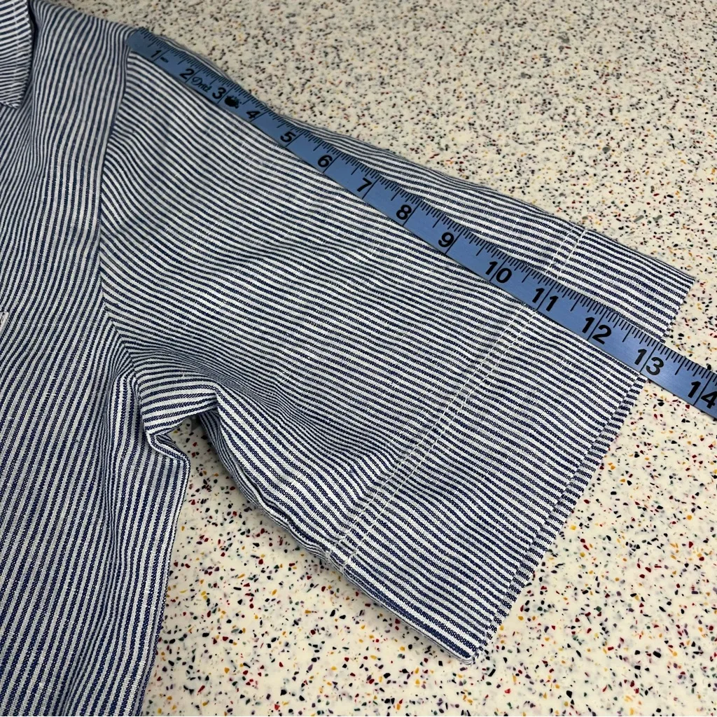Olivaceous V-Neck Pinstripe Linen Shift Mini Dress Blue White Dress Women’s L - Image 10