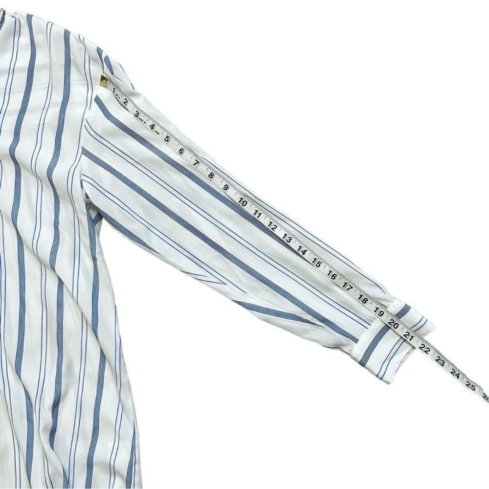 Elizabeth And James Blue Stripe Tie Neck Tunic Button Down Blouse Size Large - Image 10