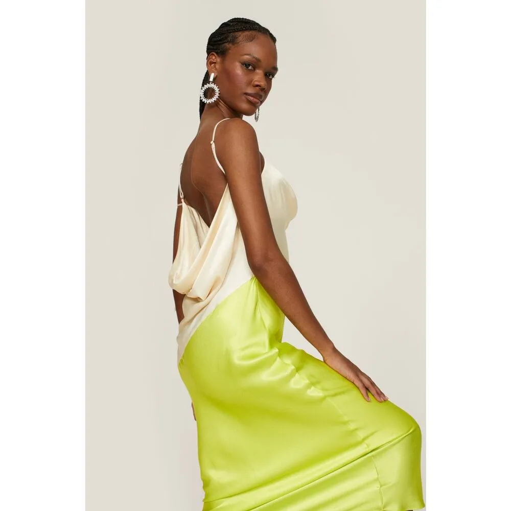 SAN SLOANE Green Cream Drapey Open Back Slip Style Cowl Neck Zita Midi Dress XS - Image 3