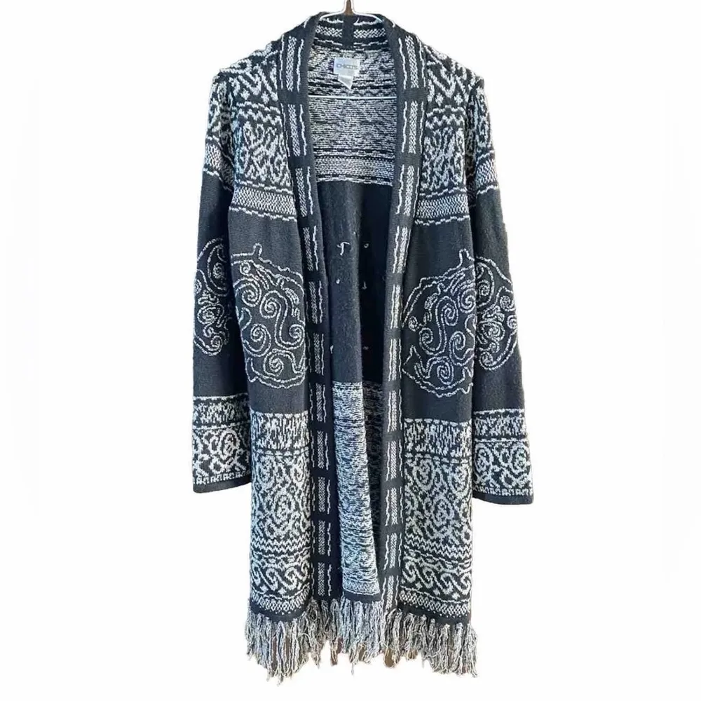 Chico’s Women’s Size 3 (XL) Black Gray Open Front Fringe Cardigan Boho Sweater - Image 6