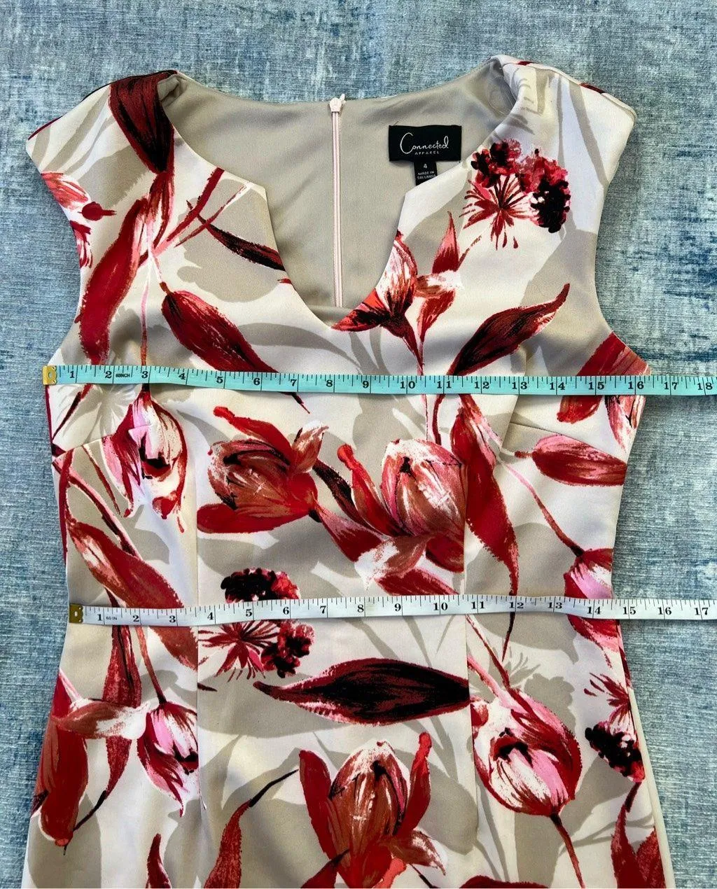 Connected Apparel Off White Taupe Red Floral Sleeveless Dress Size 4 - Image 7