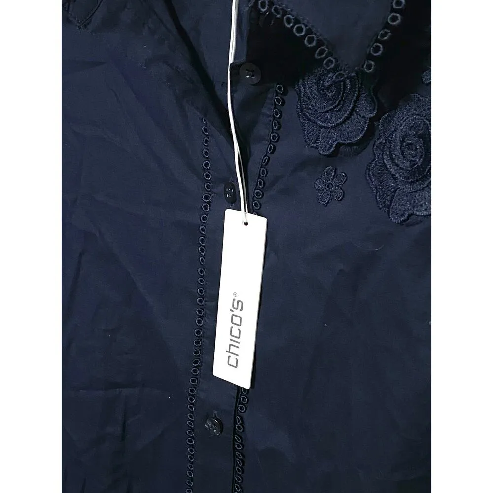 Chico's Floral Applique Blouse Womens 3D Embroidery Classic Navy Top Size S NWT - Image 5