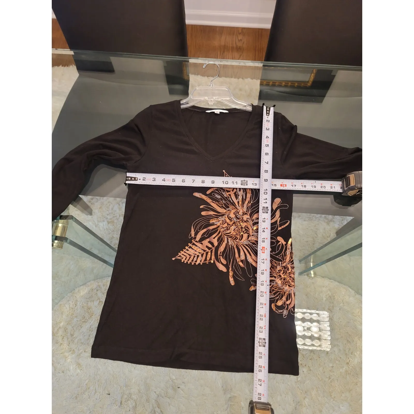 CAbi Top Women's Size L Black Long Sleeve V Neck Floral Sequin Beaded Stretch - Image 12