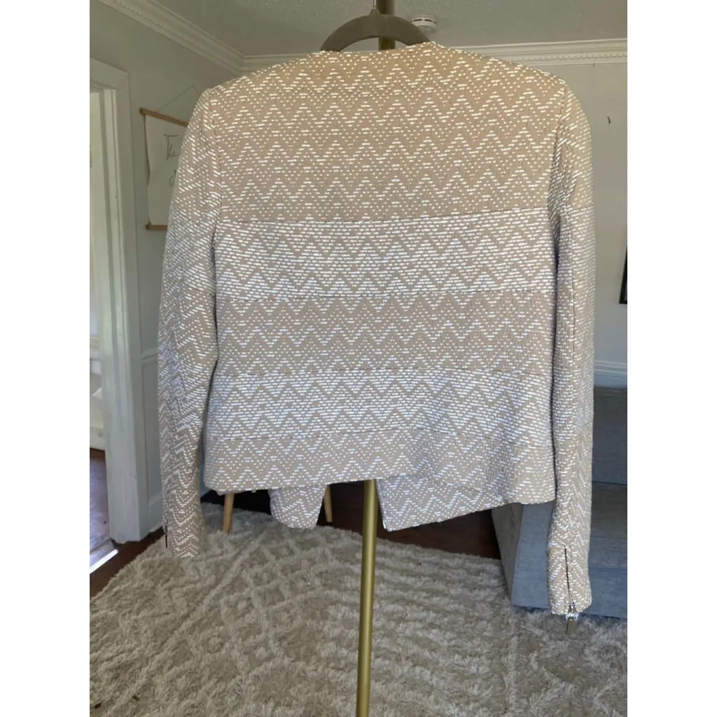 1.State Chevron Moto Jacket Beige White Textured S Cotton Parisian Scandi Preppy - Image 4