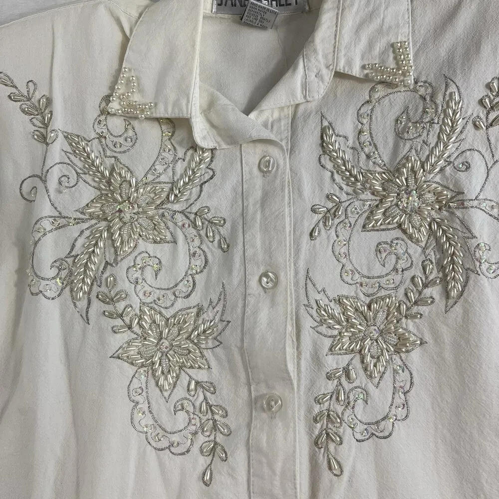 Vtg 90s S Small Shirt Jane Ashley Long Sleeve Button Up Cottagecore Beaded READ - Image 3