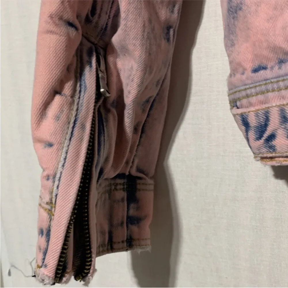 Pink and Blue Jean Denim Jacket Moto Bomber Stone Wash size Small - Image 5