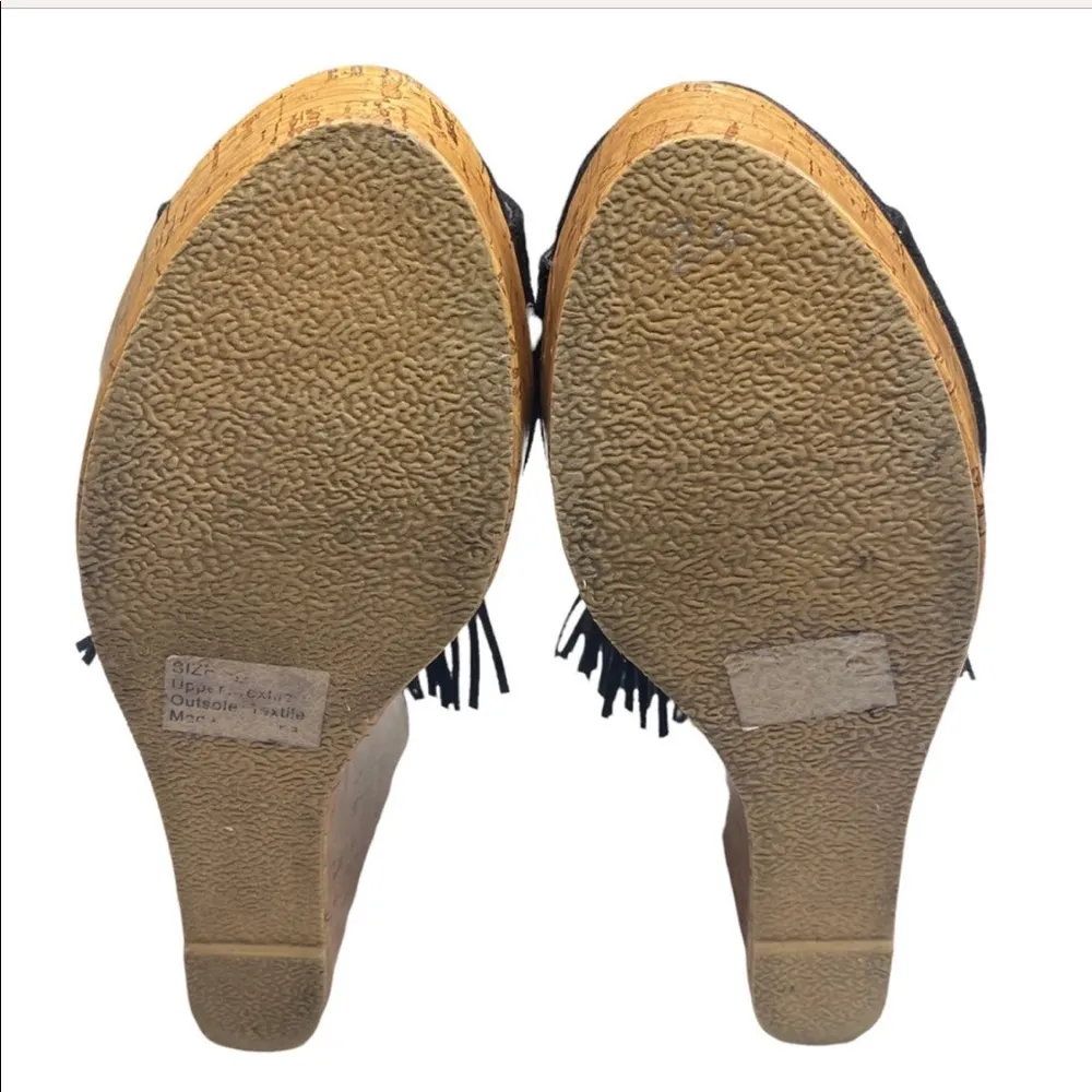 Olivia Miller ꧁ Fringe Peep Toe Cutout Cork Wedge Sandals ꧁ Black Microsuede ꧂ - Image 13