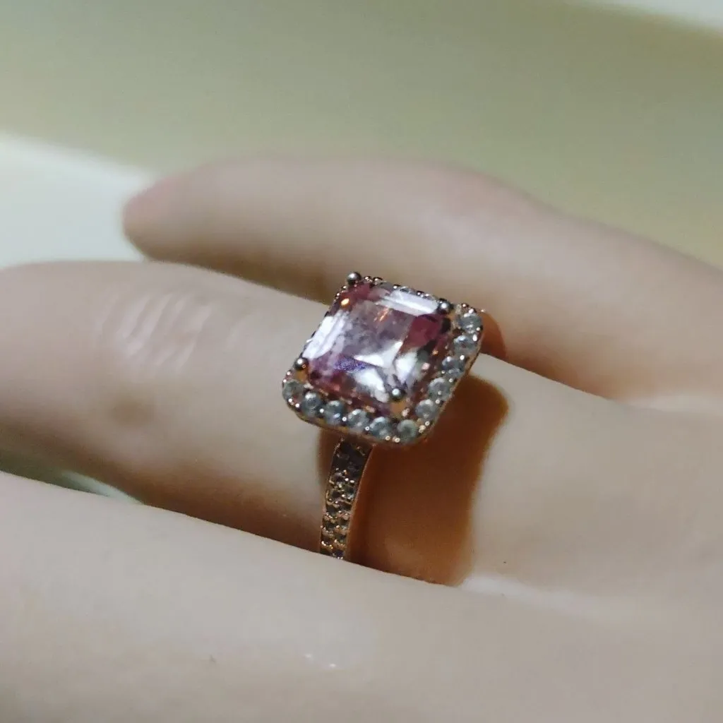 Halo Pink Glow Stone Silver Ring Size 7 Cushion Cut Rose Gold HGE 925 Sterling - Image 10