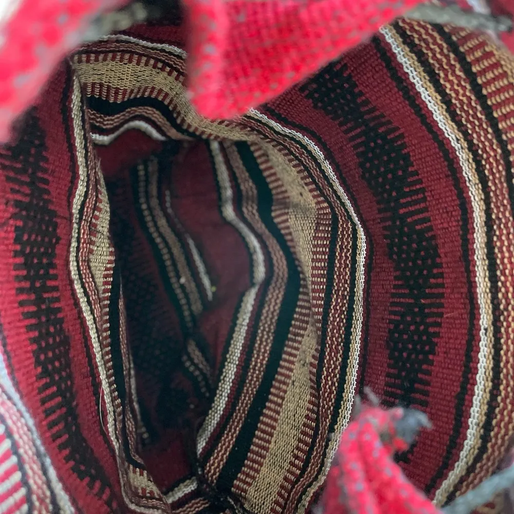 Vintage Artesian Black Red Wool Blend Tribal Boho Woven Backpack with Drawstring - Image 5