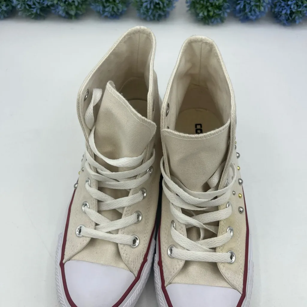 Converse Size 7 Women Chuck Taylor All Star Hi Top Sneaker Gold silver Studs - Image 5