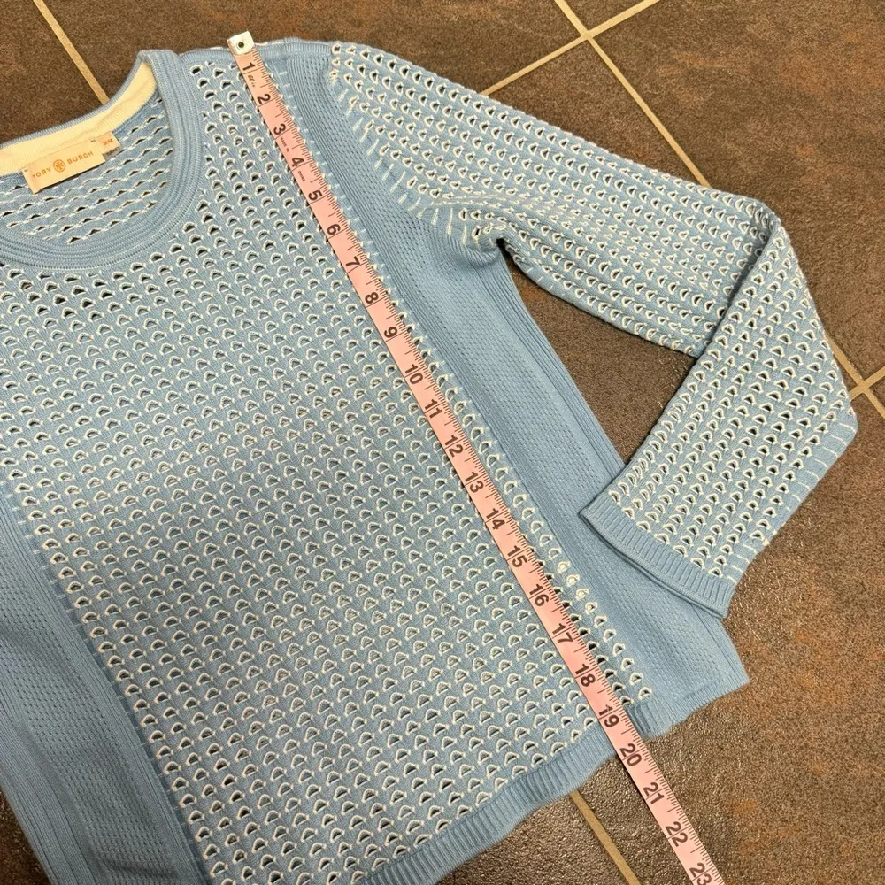 Tory Burch Honeycomb Open Knit Long Sleeve Pullover Sweater Light Blue Medium M - Image 13
