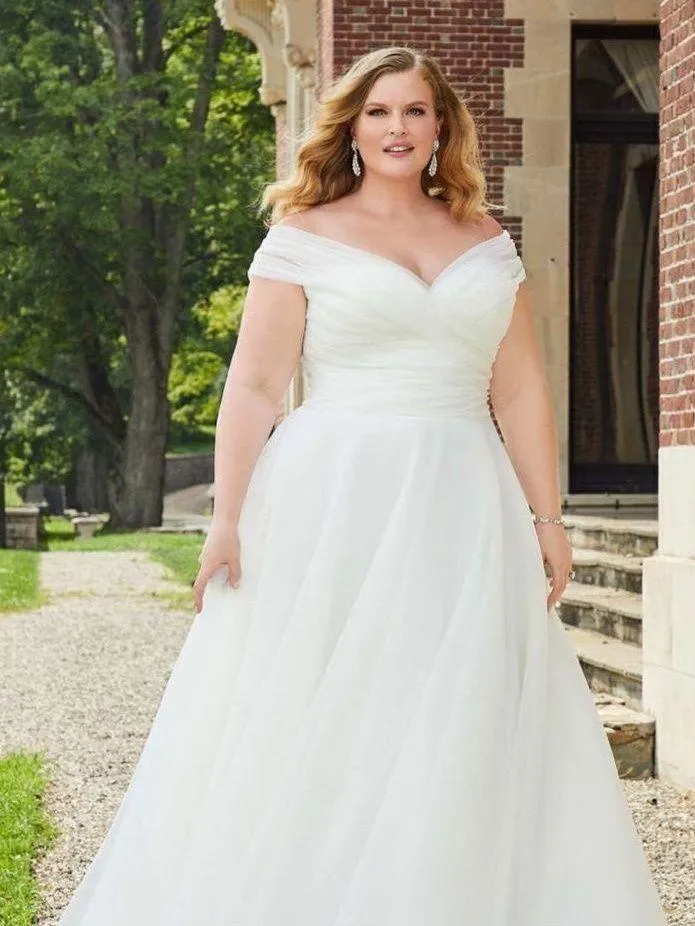 MORI LEE BRIDAL | Ivory Chiffon "Evette" Dress Off Shoulder Butrons Back | 22W - Image 1