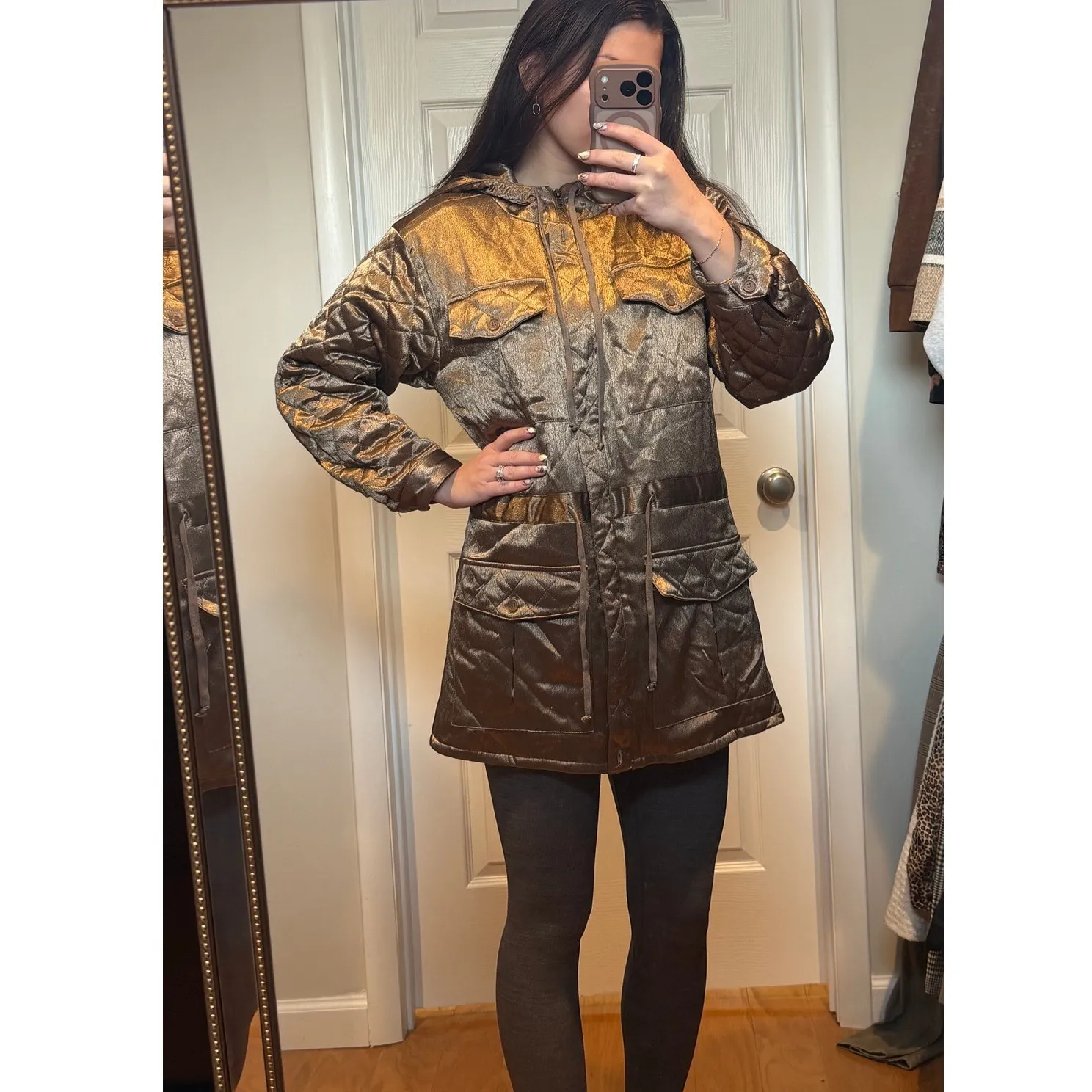 Reformation Quilted Metallic Jacket Women’s XS Rose Gold Hooded Luxury Designer - Image 2