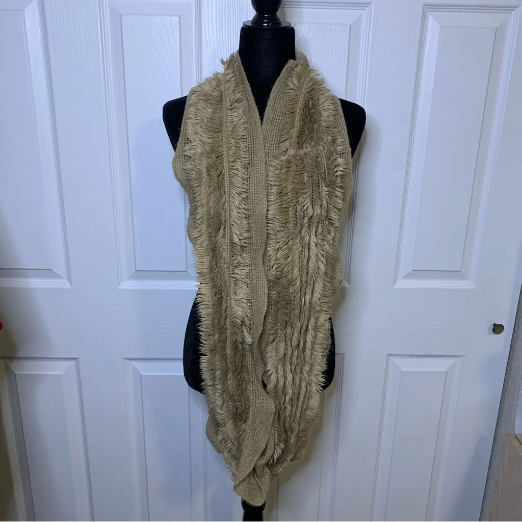 Elegant Tan Knit Fur Infinity Scarf - Image 3
