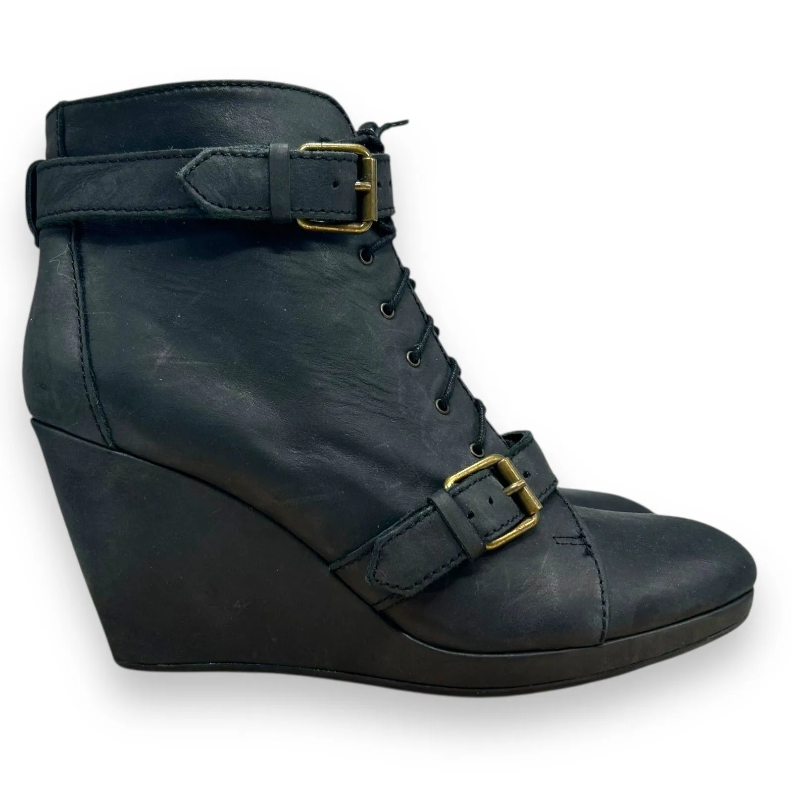 MADEWELL 1937 Wedge Boot Women 10  Black-ish Leather Chukka Buckle 3.5"‎ Heel - Image 5